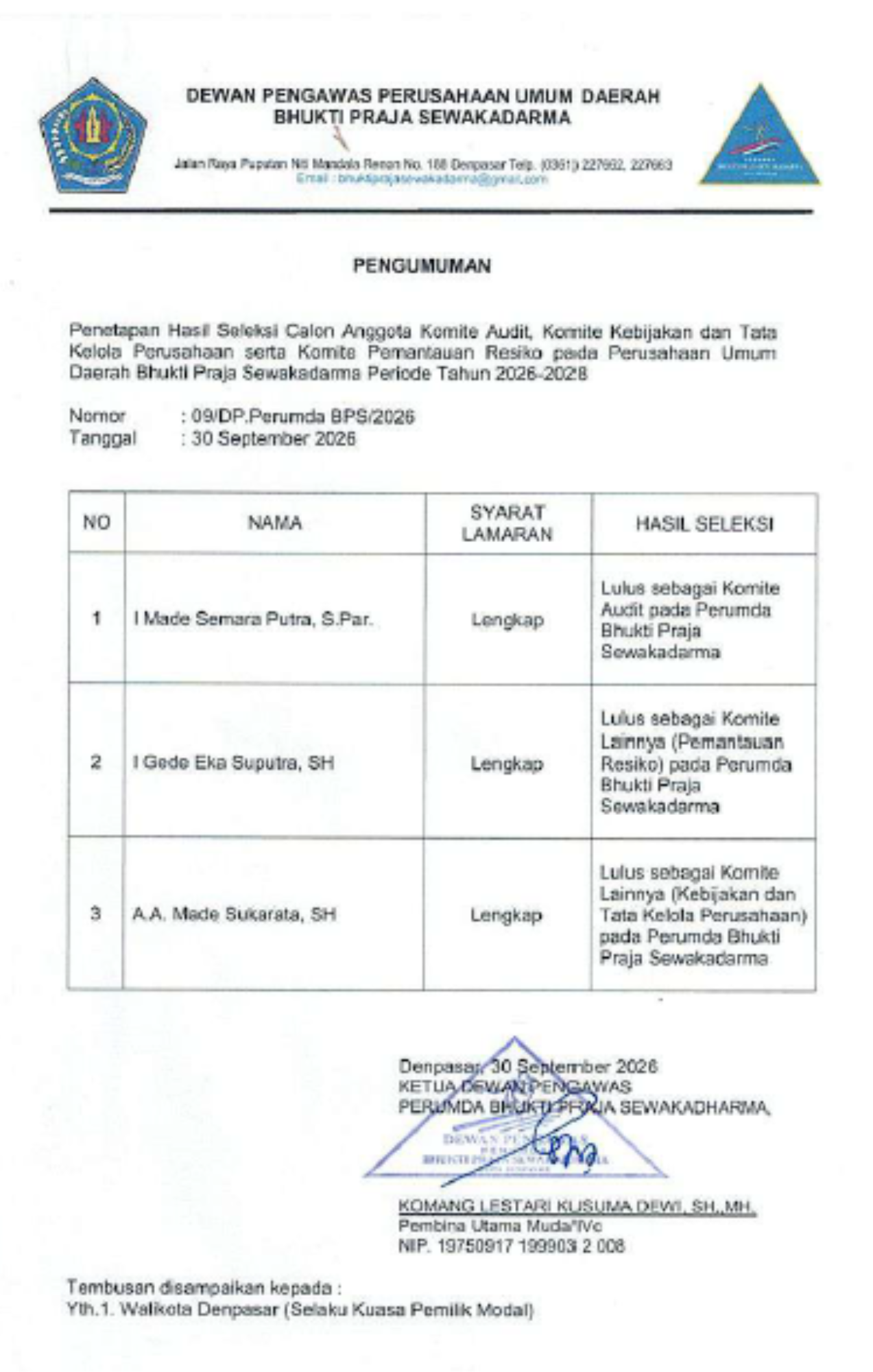 Pengumuman Hasil Penetapan Seleksi Komite